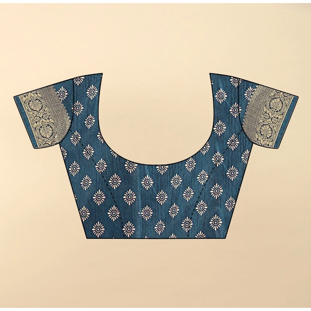 Women's Cotton Silk Floral Printed Saree With Unstitched Blouse 5.5Mtr (Blue) - Image 3