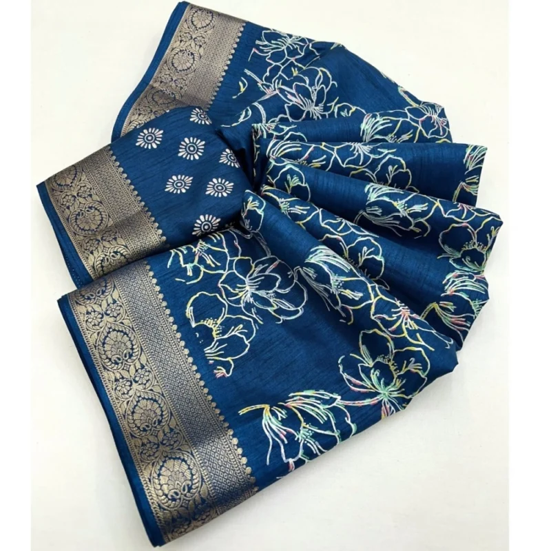 Alternative view of Women's Cotton Silk Floral Printed Saree With Unstitched Blouse 5.5Mtr (Blue)