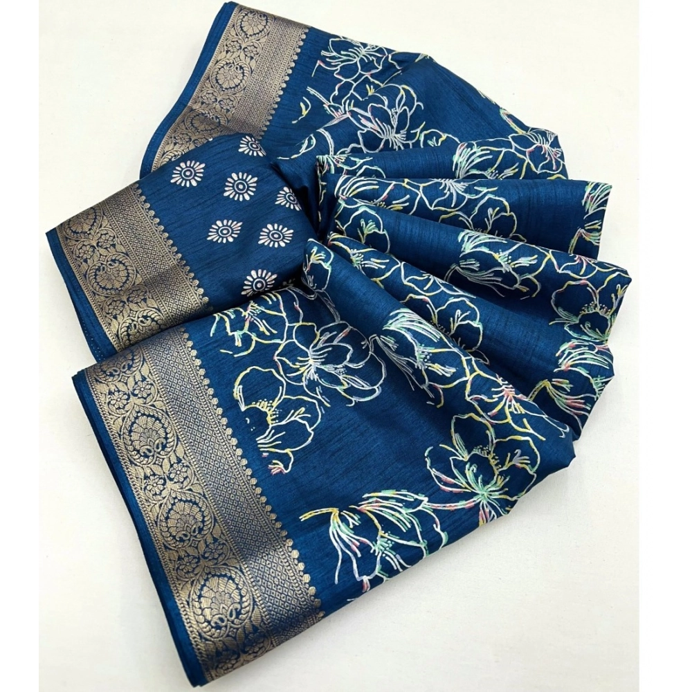 Women's Cotton Silk Floral Printed Saree With Unstitched Blouse 5.5Mtr (Blue) - Image 2