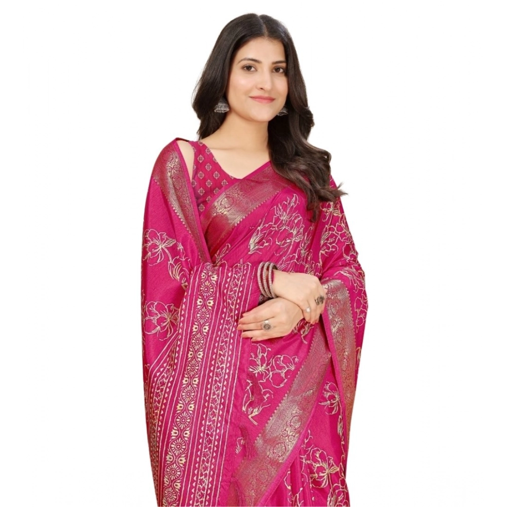 Women's Cotton Silk Floral Printed Saree With Unstitched Blouse 5.5Mtr (Pink) - Image 6