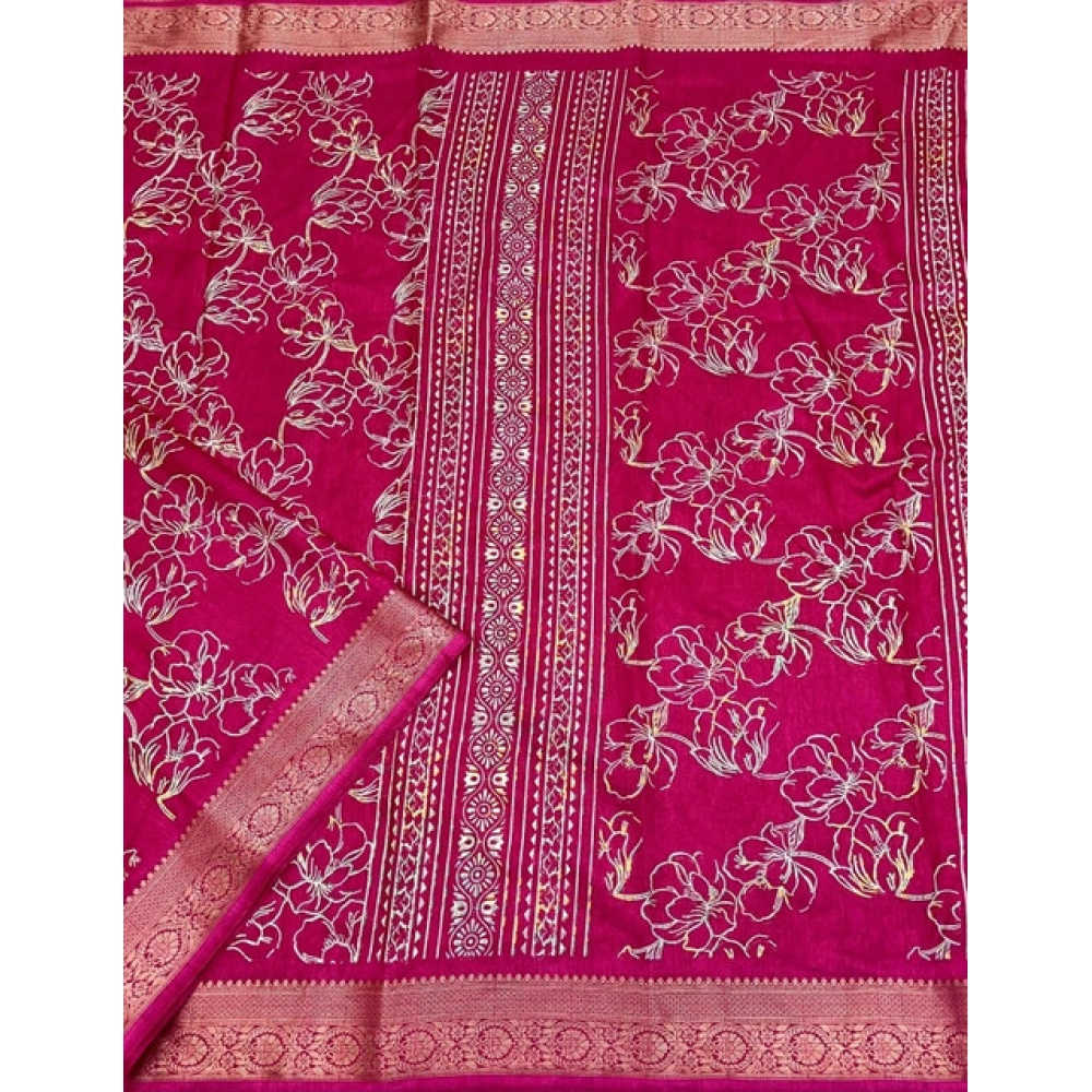 Women's Cotton Silk Floral Printed Saree With Unstitched Blouse 5.5Mtr (Pink) - Image 4