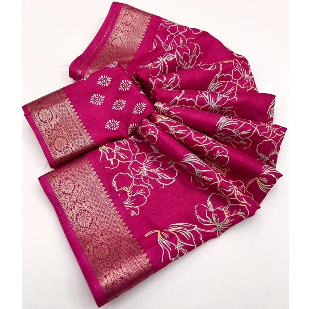 Women's Cotton Silk Floral Printed Saree With Unstitched Blouse 5.5Mtr (Pink) - Image 2