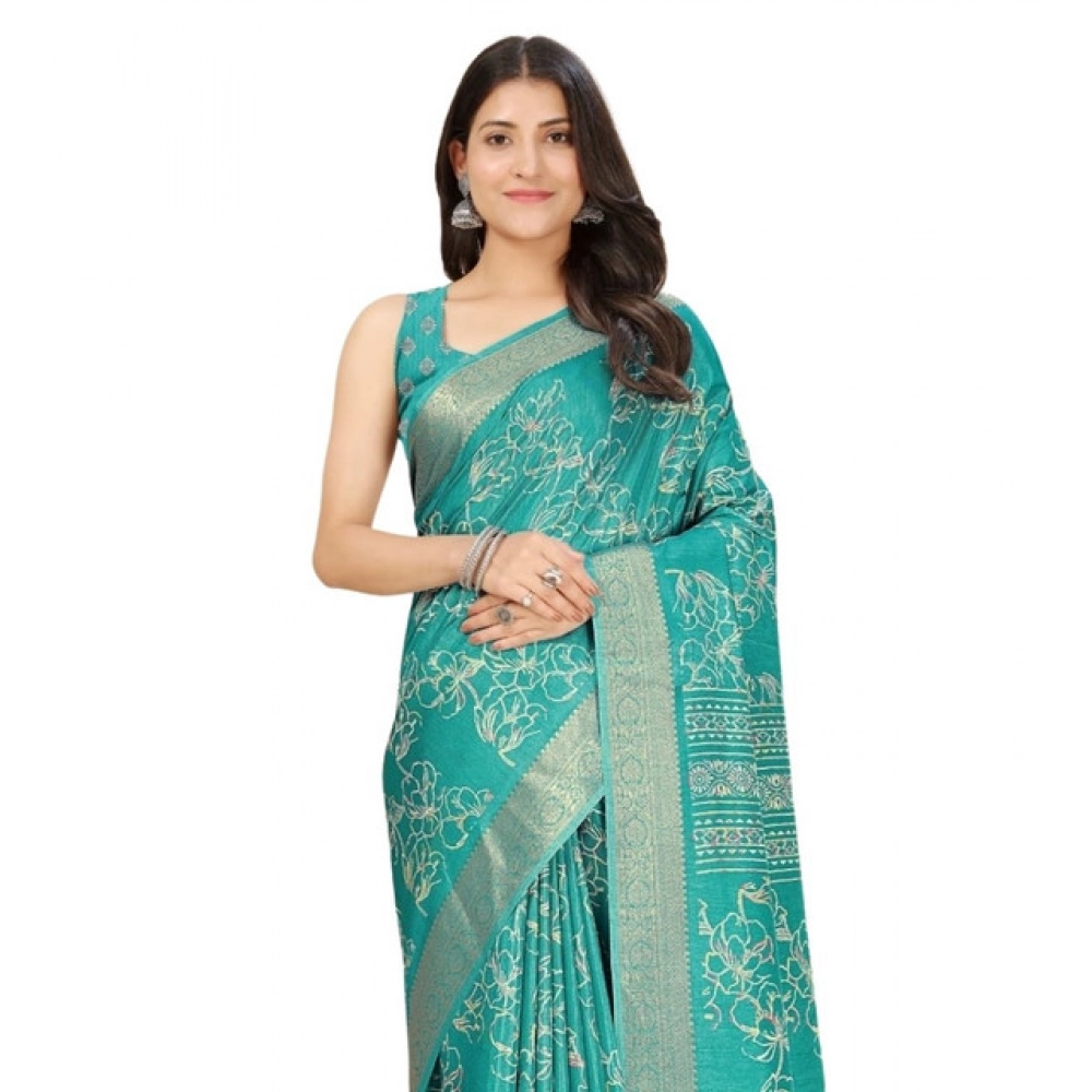 Women's Cotton Silk Floral Printed Saree With Unstitched Blouse 5.5Mtr (Rama) - Image 6