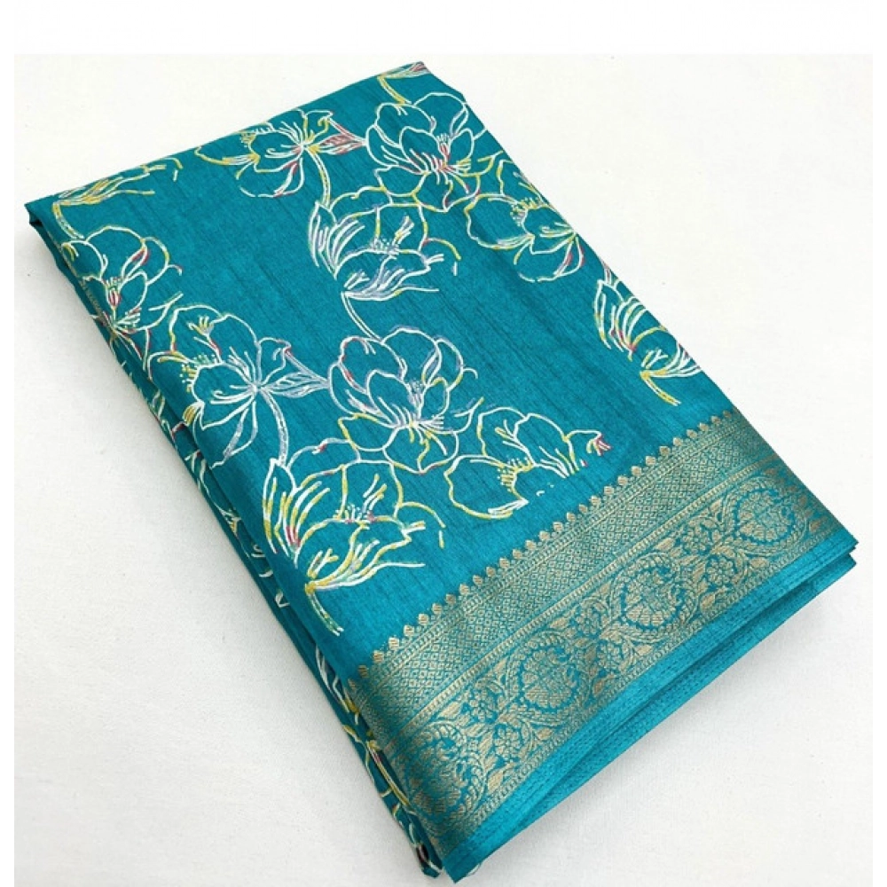 Women's Cotton Silk Floral Printed Saree With Unstitched Blouse 5.5Mtr (Rama) - Image 5