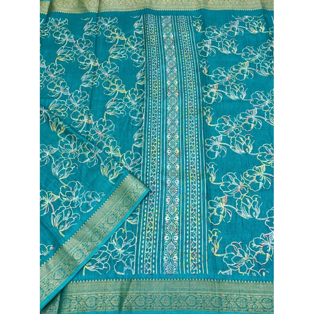 Women's Cotton Silk Floral Printed Saree With Unstitched Blouse 5.5Mtr (Rama) - Image 4