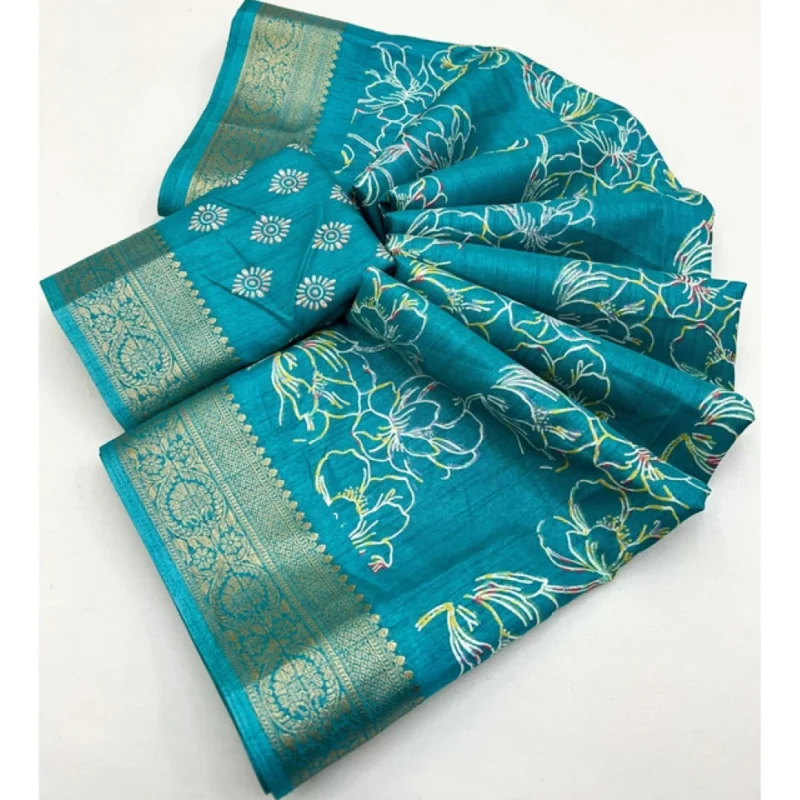 Alternative view of Women's Cotton Silk Floral Printed Saree With Unstitched Blouse 5.5Mtr (Rama)