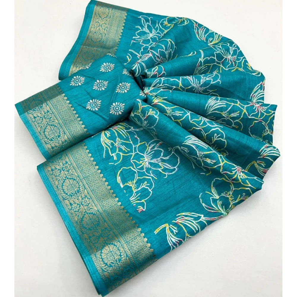 Women's Cotton Silk Floral Printed Saree With Unstitched Blouse 5.5Mtr (Rama) - Image 2