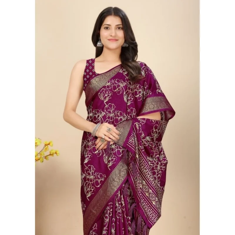 Women's Cotton Silk Floral Printed Saree With Unstitched Blouse 5.5Mtr (Wine)
