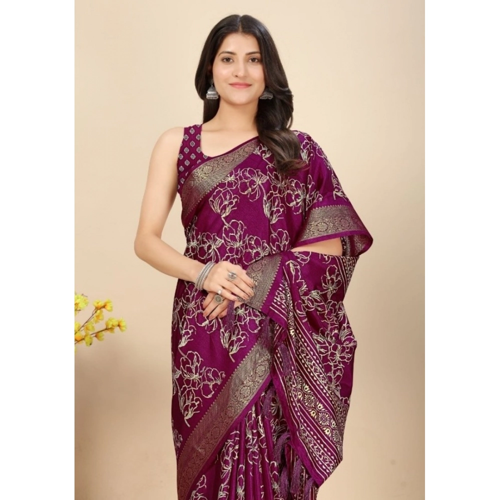 Women's Cotton Silk Floral Printed Saree With Unstitched Blouse 5.5Mtr (Wine)