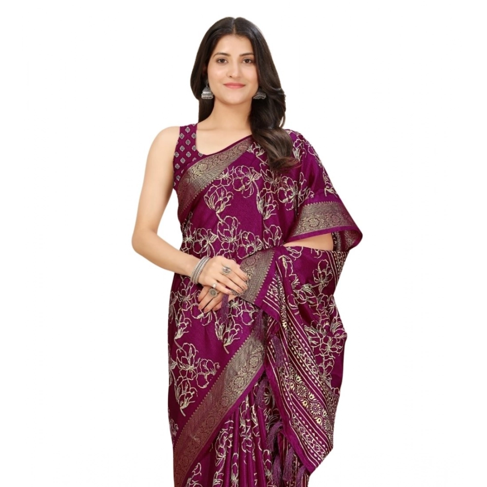 Women's Cotton Silk Floral Printed Saree With Unstitched Blouse 5.5Mtr (Wine) - Image 6