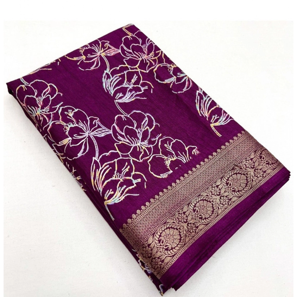 Women's Cotton Silk Floral Printed Saree With Unstitched Blouse 5.5Mtr (Wine) - Image 5