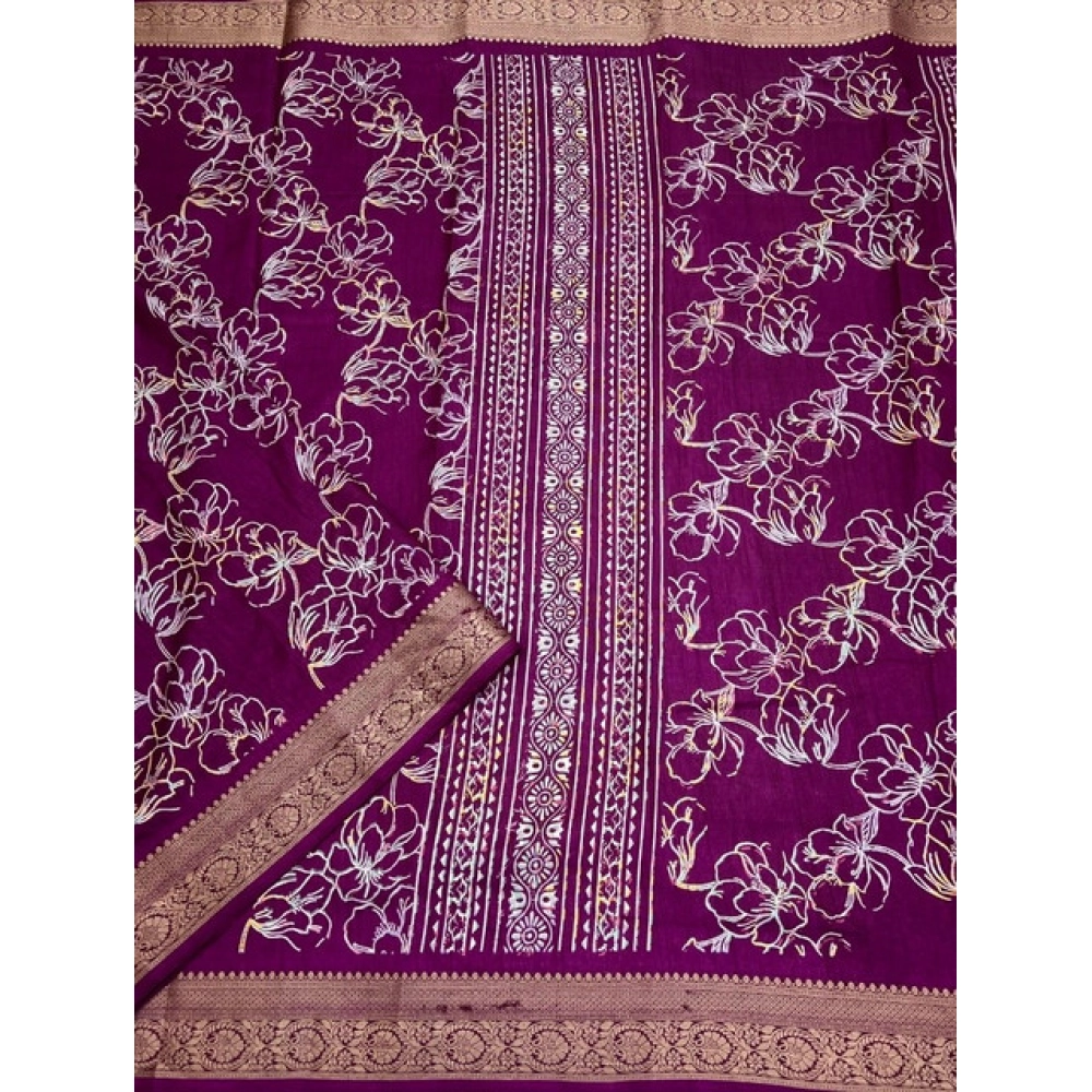 Women's Cotton Silk Floral Printed Saree With Unstitched Blouse 5.5Mtr (Wine) - Image 4