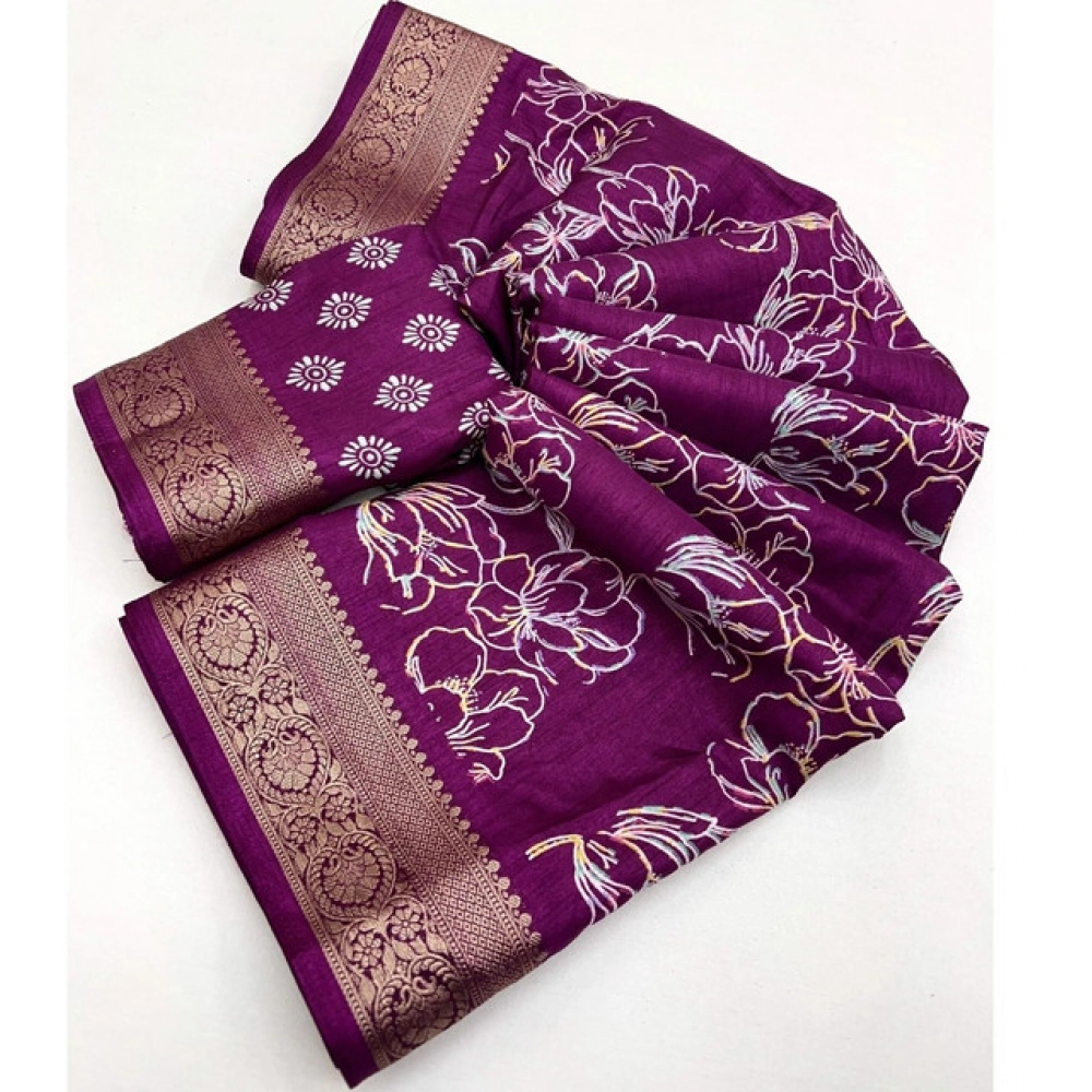 Women's Cotton Silk Floral Printed Saree With Unstitched Blouse 5.5Mtr (Wine) - Image 2