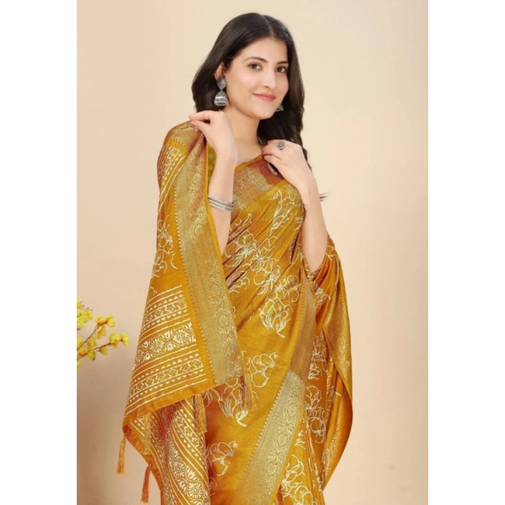 Women's Cotton Silk Floral Printed Saree With Unstitched Blouse 5.5Mtr (Yellow)