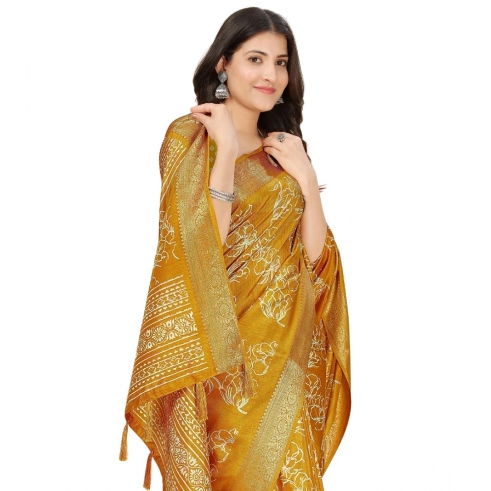 Women's Cotton Silk Floral Printed Saree With Unstitched Blouse 5.5Mtr (Yellow) - Image 6