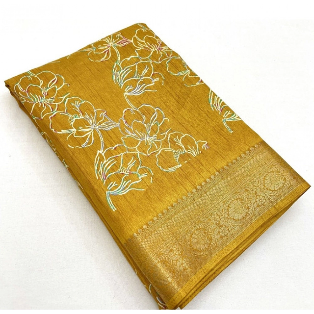 Women's Cotton Silk Floral Printed Saree With Unstitched Blouse 5.5Mtr (Yellow) - Image 5