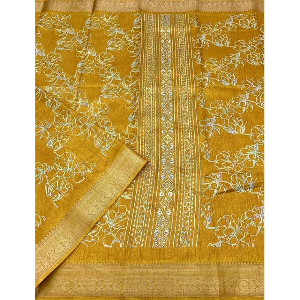 Women's Cotton Silk Floral Printed Saree With Unstitched Blouse 5.5Mtr (Yellow) - Image 4