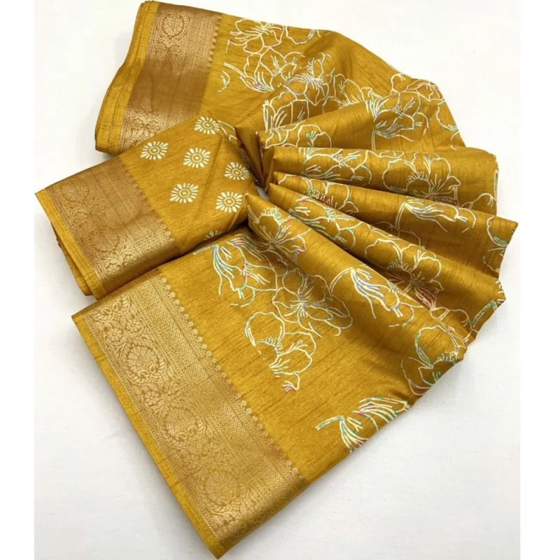 Alternative view of Women's Cotton Silk Floral Printed Saree With Unstitched Blouse 5.5Mtr (Yellow)