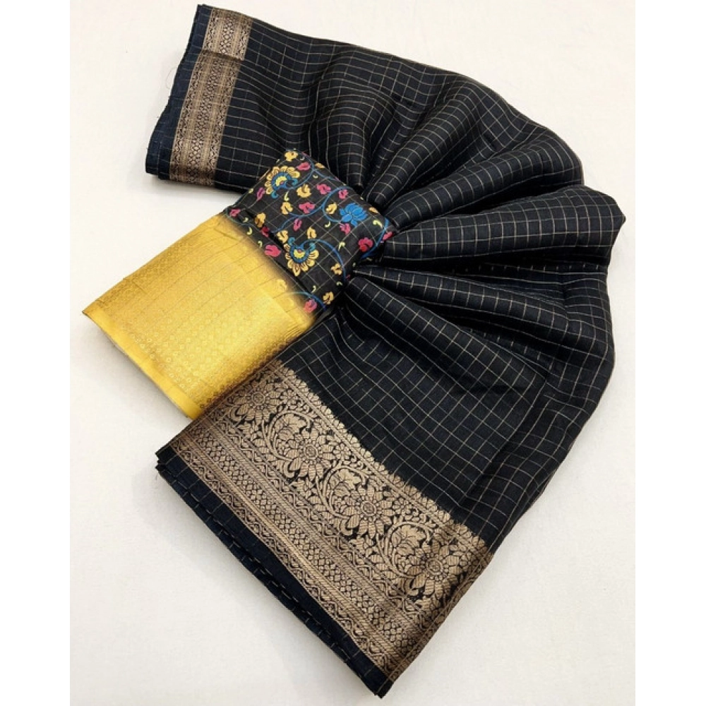 Women's Cotton Blend Checkered Saree With Unstitched Blouse 5.5Mtr (Black) - Image 2