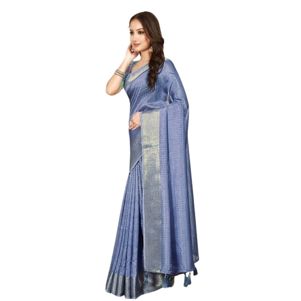 Women's Cotton Blend Checkered Saree With Unstitched Blouse 5.5Mtr (Blue) - Image 6