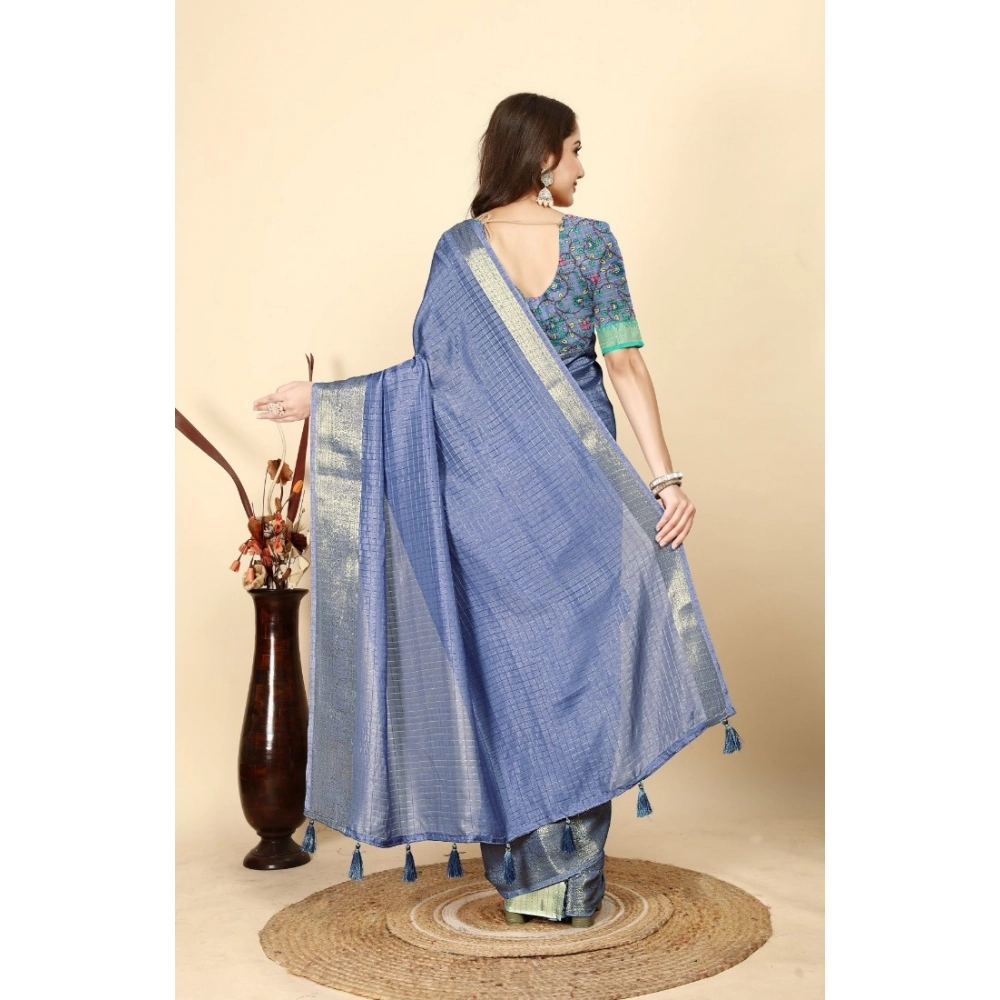 Women's Cotton Blend Checkered Saree With Unstitched Blouse 5.5Mtr (Blue) - Image 5