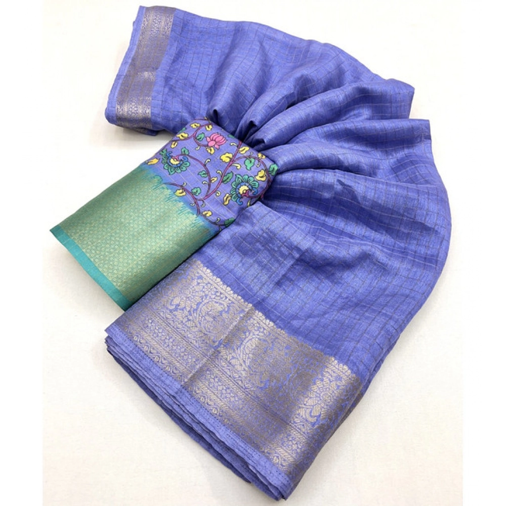 Women's Cotton Blend Checkered Saree With Unstitched Blouse 5.5Mtr (Blue) - Image 2