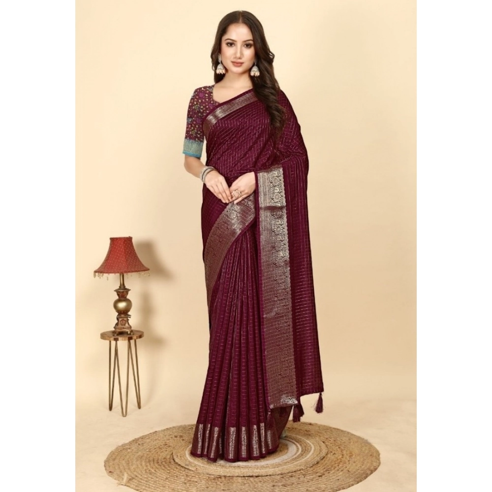 Women's Cotton Blend Checkered Saree With Unstitched Blouse 5.5Mtr (Maroon)