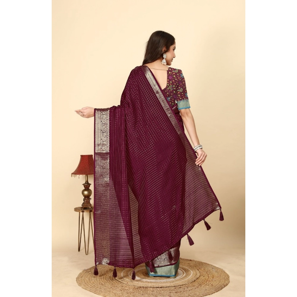 Women's Cotton Blend Checkered Saree With Unstitched Blouse 5.5Mtr (Maroon) - Image 5