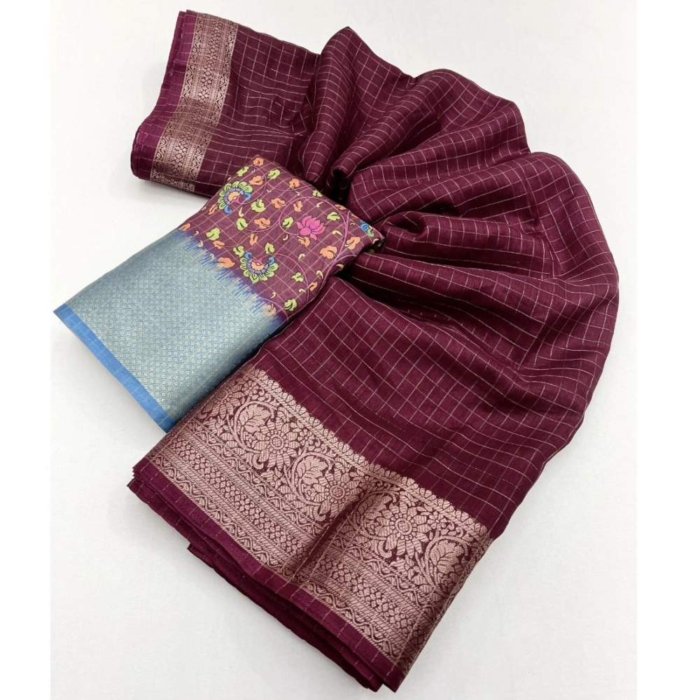 Women's Cotton Blend Checkered Saree With Unstitched Blouse 5.5Mtr (Maroon) - Image 2