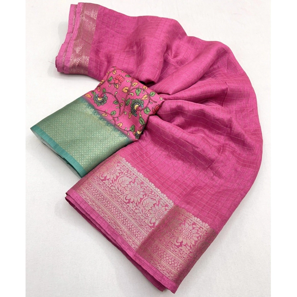 Women's Cotton Blend Checkered Saree With Unstitched Blouse 5.5Mtr (Pink) - Image 4