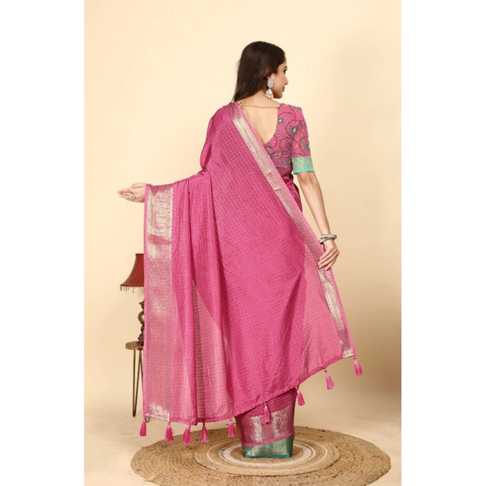 Women's Cotton Blend Checkered Saree With Unstitched Blouse 5.5Mtr (Pink) - Image 3