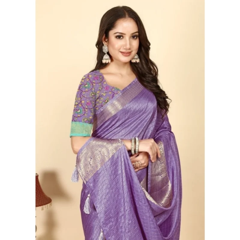 Women's Cotton Blend Checkered Saree With Unstitched Blouse 5.5Mtr (Purple)