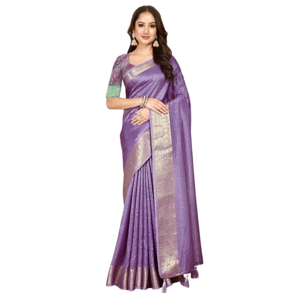 Women's Cotton Blend Checkered Saree With Unstitched Blouse 5.5Mtr (Purple) - Image 6