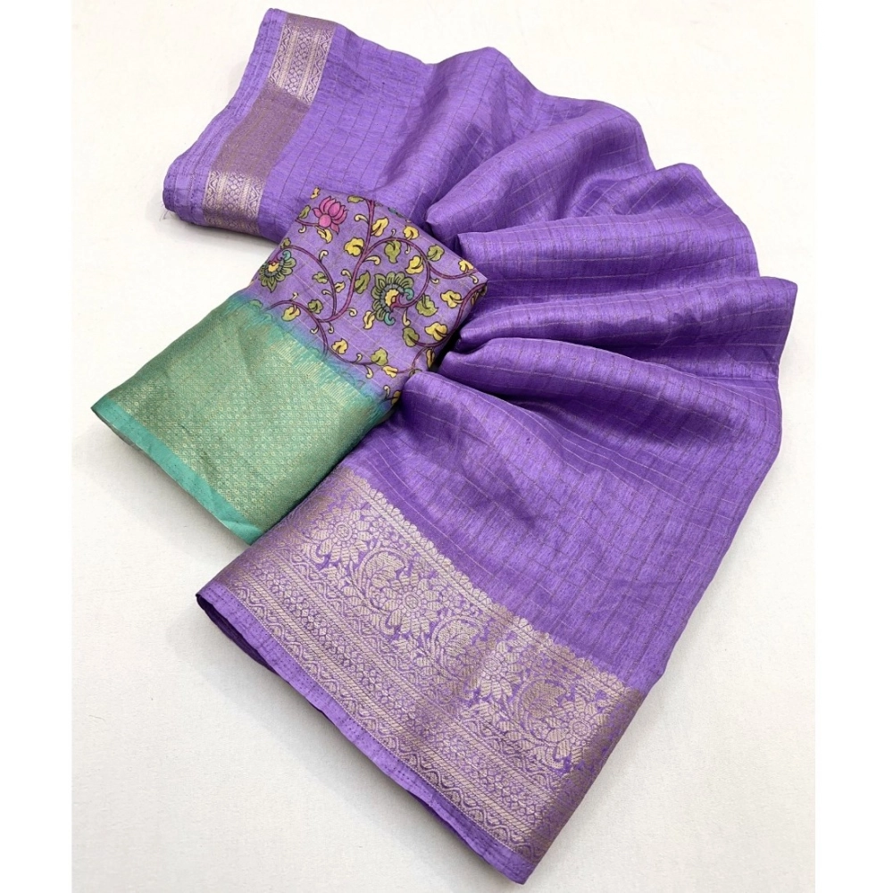 Women's Cotton Blend Checkered Saree With Unstitched Blouse 5.5Mtr (Purple) - Image 5