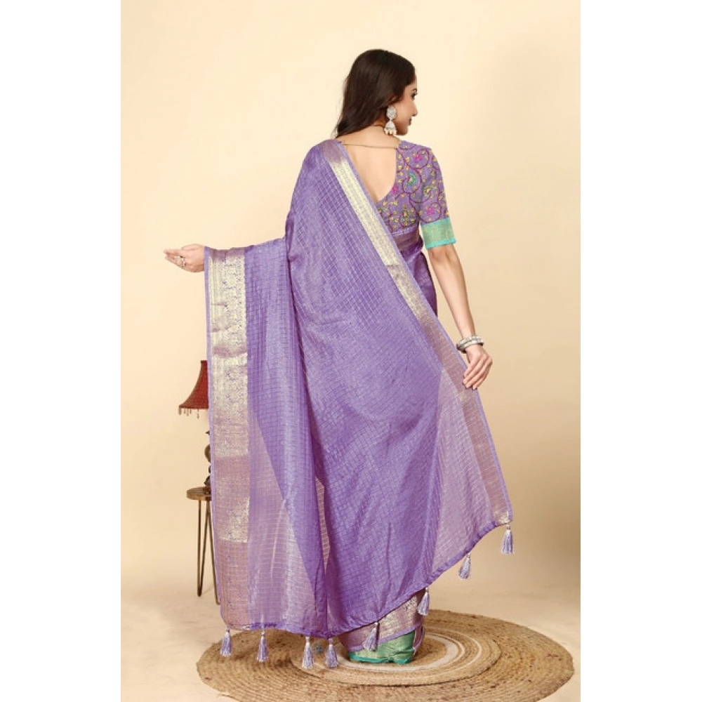 Women's Cotton Blend Checkered Saree With Unstitched Blouse 5.5Mtr (Purple) - Image 4