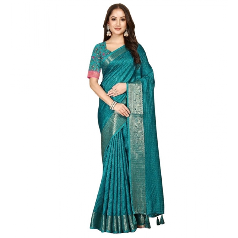 Women's Cotton Blend Checkered Saree With Unstitched Blouse 5.5Mtr (Rama) - Image 6