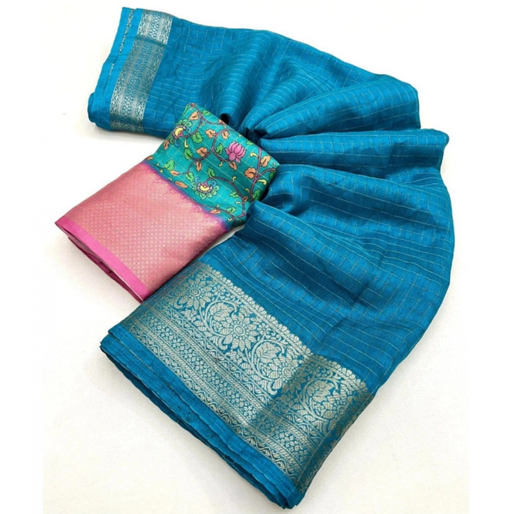 Women's Cotton Blend Checkered Saree With Unstitched Blouse 5.5Mtr (Rama) - Image 5