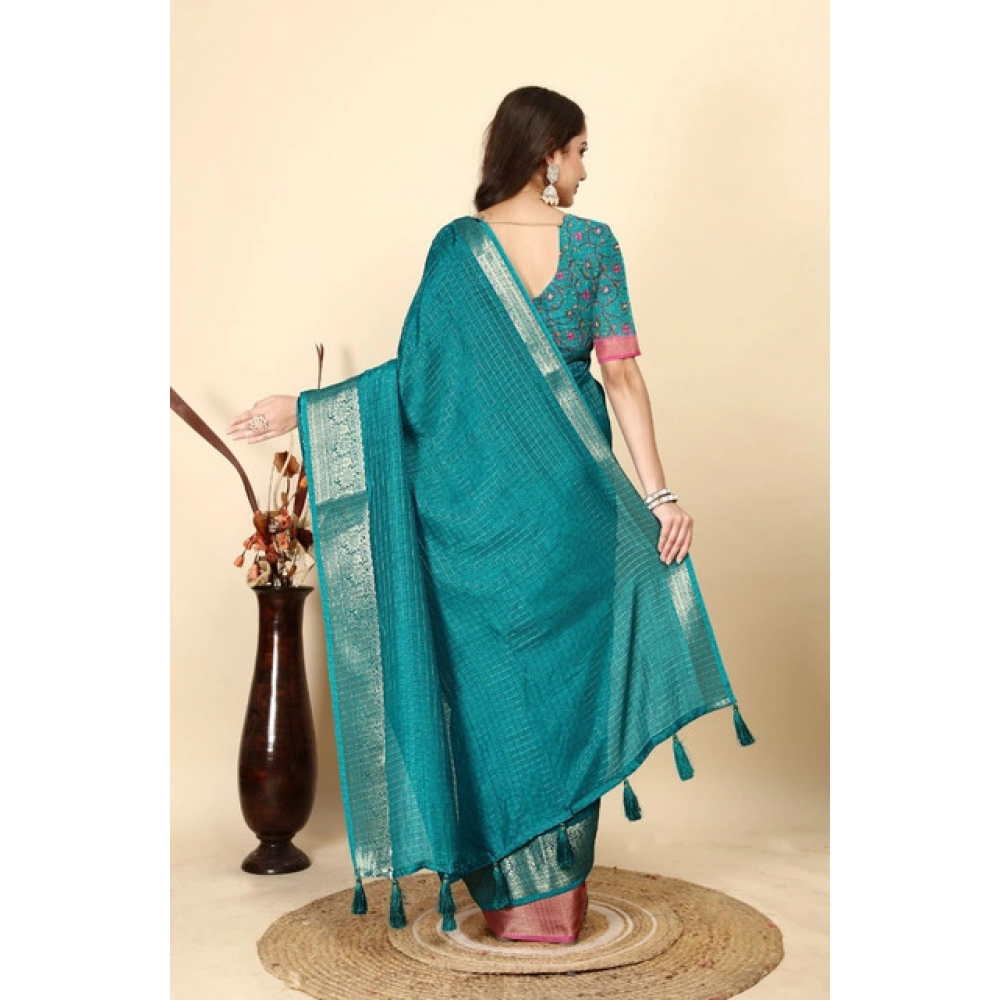 Women's Cotton Blend Checkered Saree With Unstitched Blouse 5.5Mtr (Rama) - Image 4