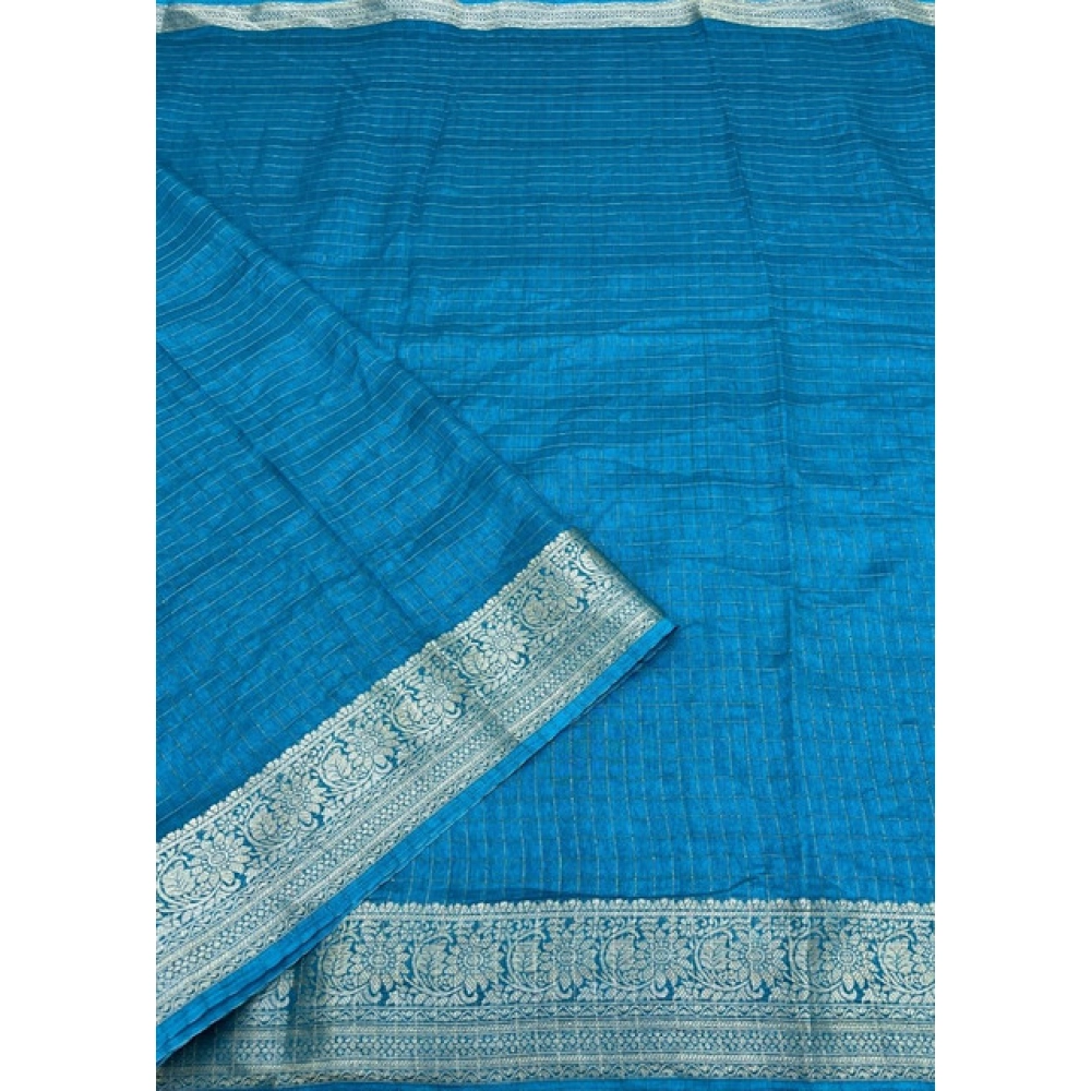 Women's Cotton Blend Checkered Saree With Unstitched Blouse 5.5Mtr (Rama) - Image 3