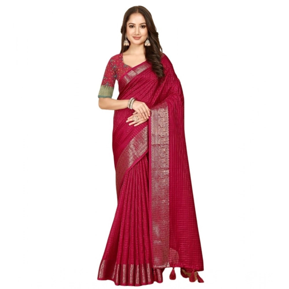 Women's Cotton Blend Checkered Saree With Unstitched Blouse 5.5Mtr (Red) - Image 6