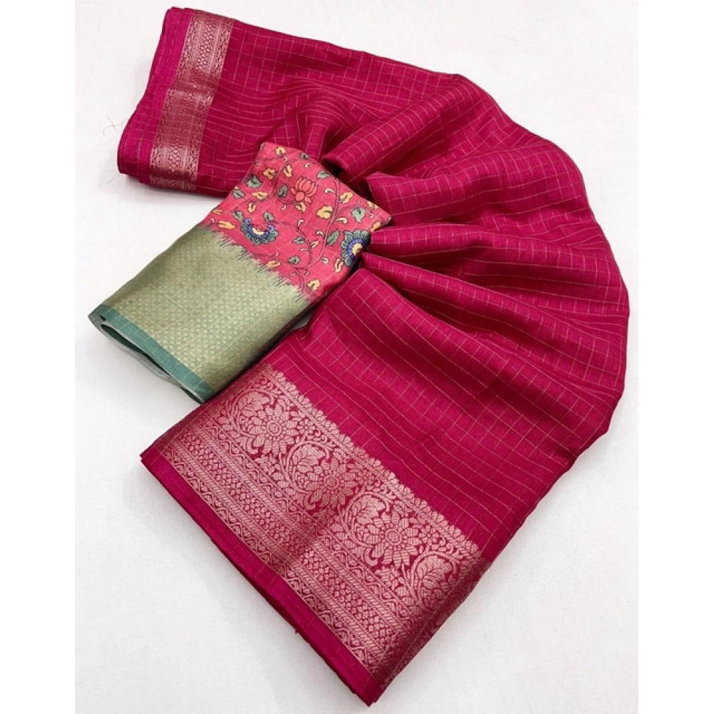 Women's Cotton Blend Checkered Saree With Unstitched Blouse 5.5Mtr (Red) - Image 5