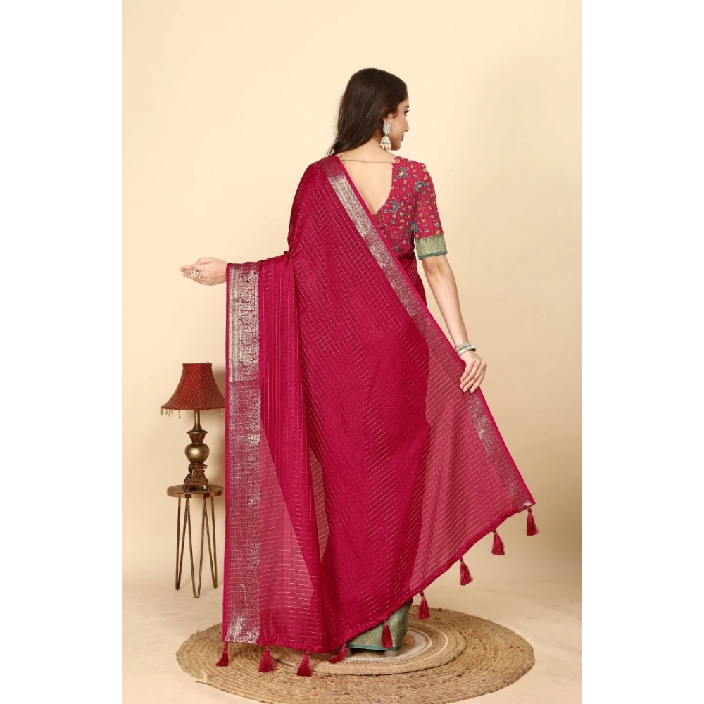 Women's Cotton Blend Checkered Saree With Unstitched Blouse 5.5Mtr (Red) - Image 4