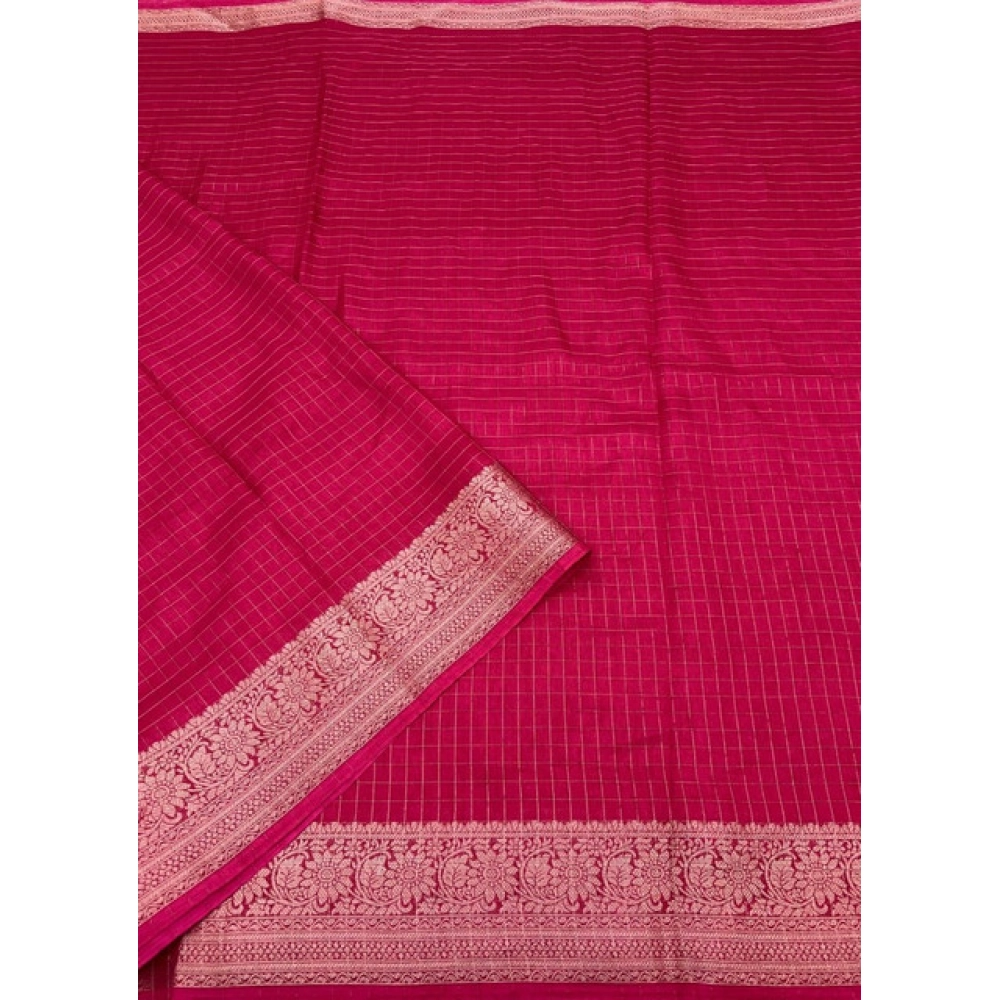 Women's Cotton Blend Checkered Saree With Unstitched Blouse 5.5Mtr (Red) - Image 3