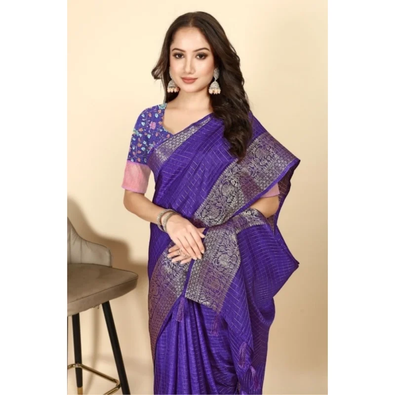 Women's Cotton Blend Checkered Saree With Unstitched Blouse 5.5Mtr (Royal Blue)