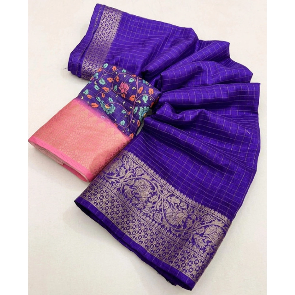 Women's Cotton Blend Checkered Saree With Unstitched Blouse 5.5Mtr (Royal Blue) - Image 5
