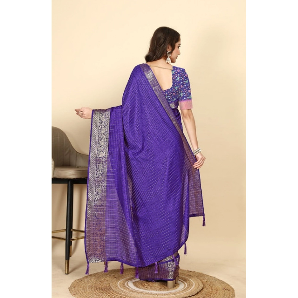 Women's Cotton Blend Checkered Saree With Unstitched Blouse 5.5Mtr (Royal Blue) - Image 4