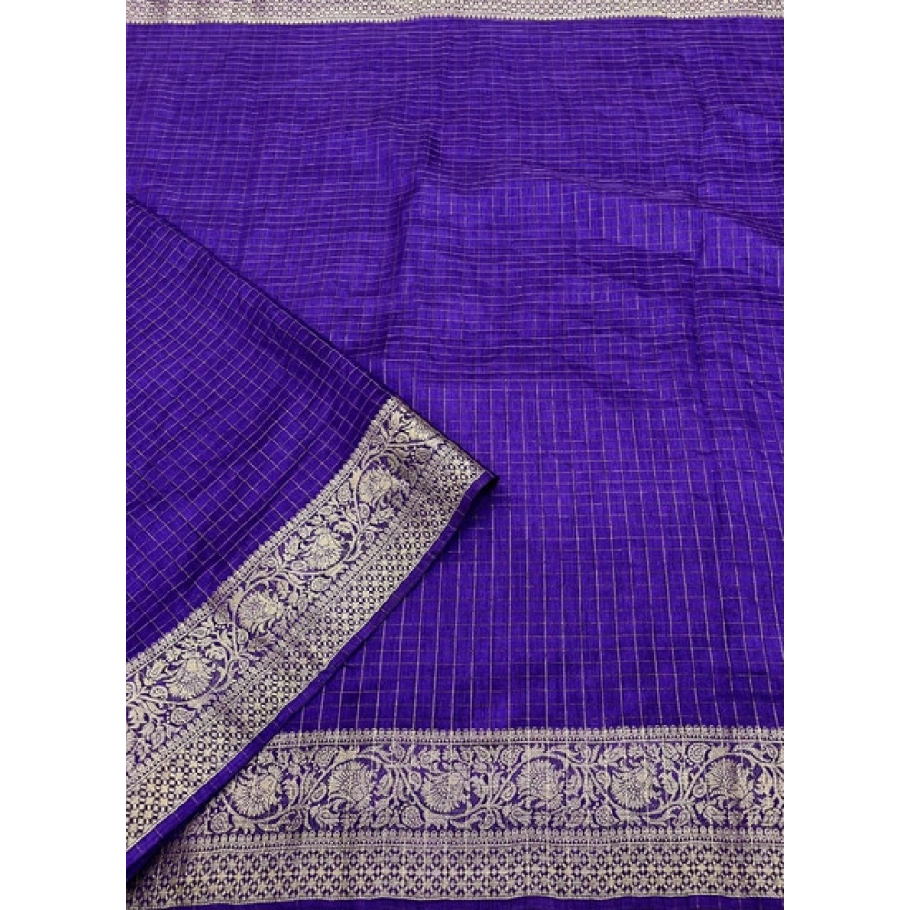Women's Cotton Blend Checkered Saree With Unstitched Blouse 5.5Mtr (Royal Blue) - Image 3