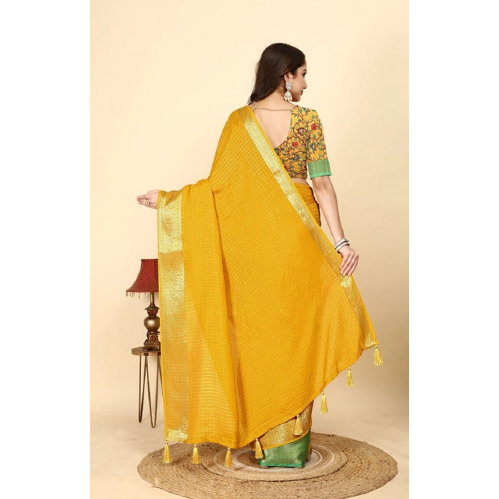 Women's Cotton Blend Checkered Saree With Unstitched Blouse 5.5Mtr (Yellow) - Image 5