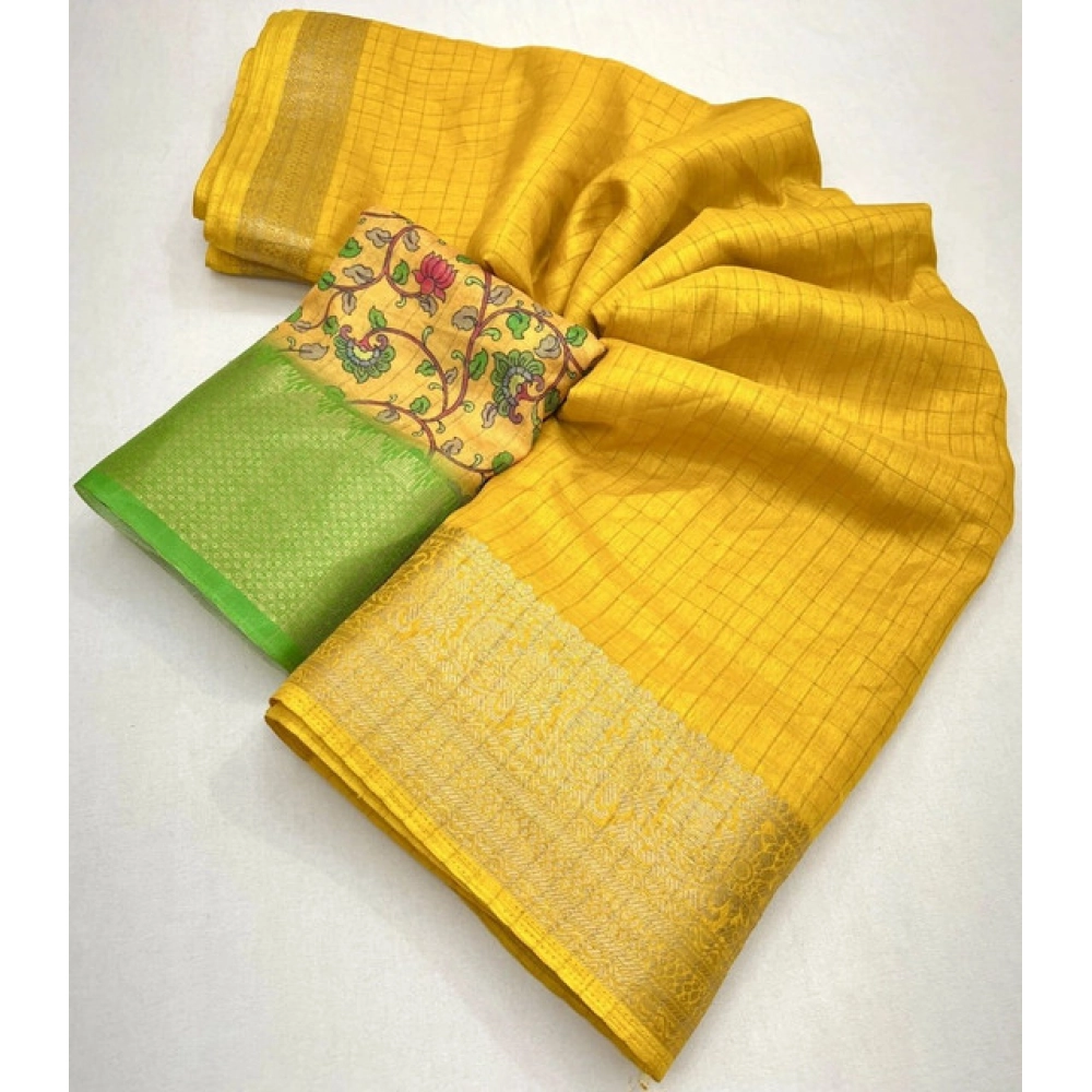 Women's Cotton Blend Checkered Saree With Unstitched Blouse 5.5Mtr (Yellow) - Image 4