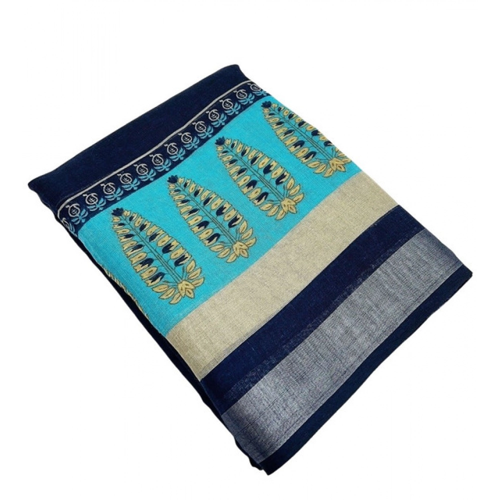 Women's Cotton Linen Printed Saree With Unstitched Blouse 5.5Mtr (Blue) - Image 5